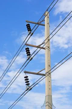 High electricity post and cable line with blue sky Stock Photos