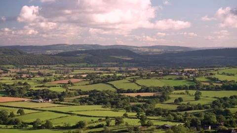 A high elevated view of the British countryside in Shropshire, England Vídeo Stock 287443796