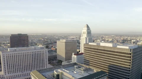 High Elevation Aerial: Los Angeles City Hall In Morning Light In Between Large B Stock Footage 149162345