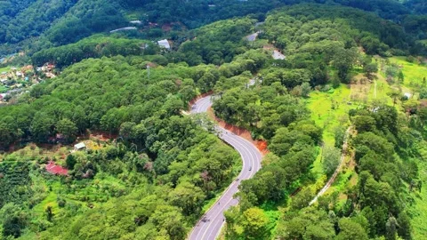 High elevation drone tracking sweep over iconic S curve on Prenn Pass 4K Stock Footage 341541675