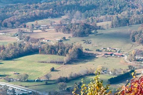 High elevation shot shows scenic valley in north Georgia mountains Stock Photos