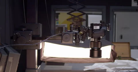 A high-end digital medium format camera on a motorized repro stand column. Stock Footage 315945796