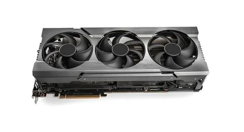 A high-end graphics card featuring a triple-fan cooling system Stock Photos