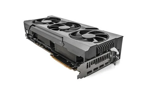 A high-end graphics card featuring a triple-fan cooling system Stock Photos