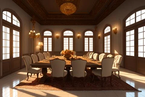 High-end luxury dining hall with classic European flair, AI generated Stock Illustration