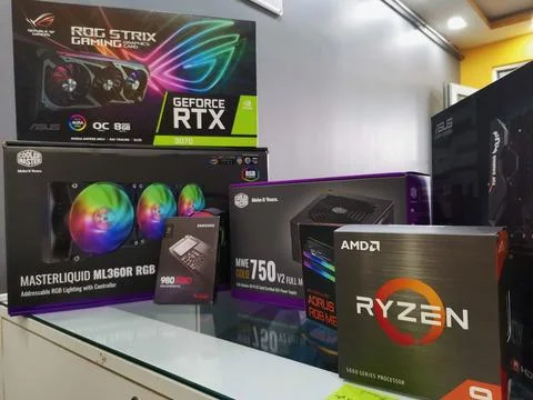 High-end PC gaming components in original boxes. Stock Photos