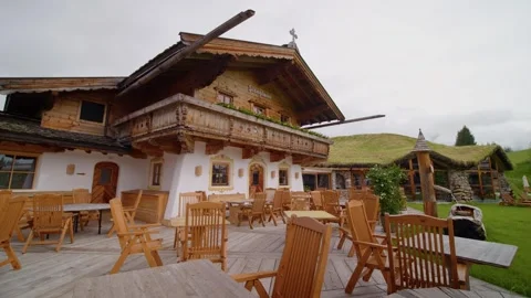 High end restaurant with empty tables and panoramic view to the mountain. Stock Footage 300013202