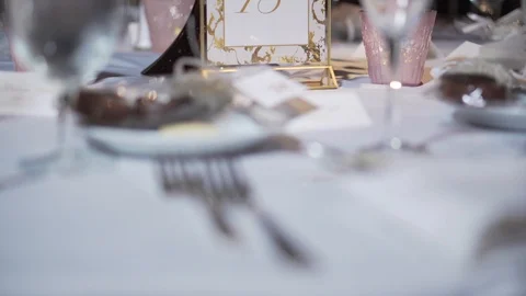 High End Wedding Reception Table Decor 60fps Stock Footage 120422589