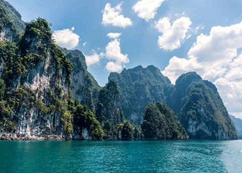 High epic limestone cliffs at Cheow Lan lake, Khao Sok National Park, Suratthani Stock Photos