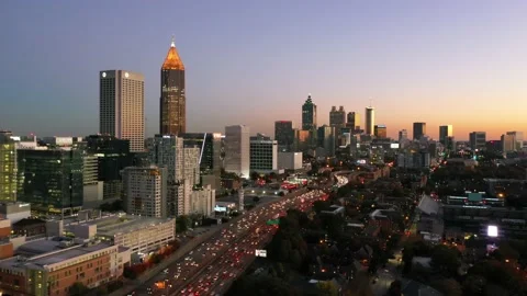 High establishing aerial shot of Atlanta, Georgia downtown skyline at dusk, Stock Footage 166803821