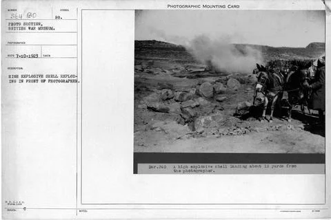 High explosive shell exploding in front of photographer. Collection of Wor... Stockfoto's