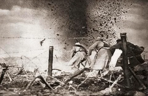 A High Explosive Shell Exploding Over French Troops During World War One. Fr Stock Photos