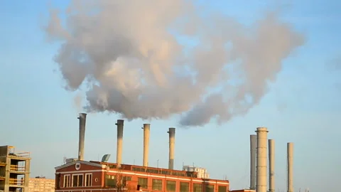 High factory pipe line, white smog on blue sky, oxide environment pollution. Stock Footage 204945145