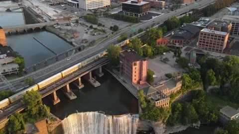 High Falls Waterfall On Geness River Rochester New York  Drone Aerial Footage Stock Footage 221118361