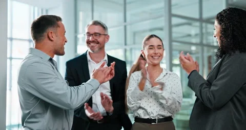 High five, applause and business people with hand stack for agreement, support Stock Footage 341434290