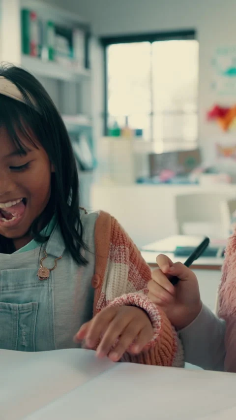 High five, art and education with friends in classroom for support, learning Stock Footage 332895771