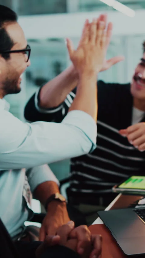 High five, excited or man with laptop in office, software update project success Stock Footage 333231781