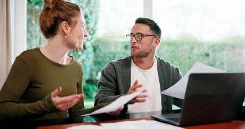 High five, finance and couple with paperwork, laptop and budget planning for Stock Footage 341376522