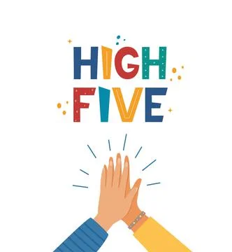 High five hand drawn lettering. Two hands clapping in high five gesture. Team Stock Photos