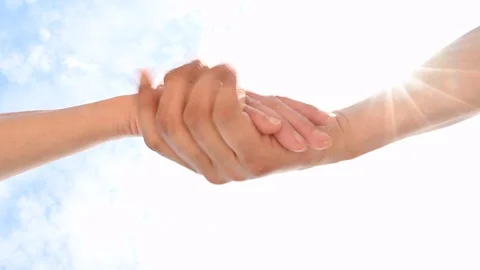 High five handshake, closeup two hands takes each other sky background Vídeo Stock 107679512