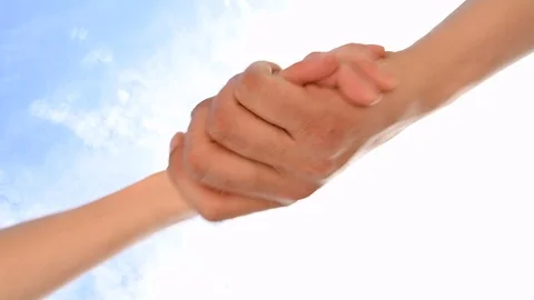 High five handshake, closeup two hands takes each other sky background Vídeo Stock 107680021