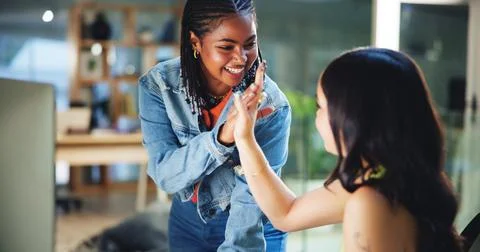 High five, interns and computer and people in office for success, learning Stock Photos
