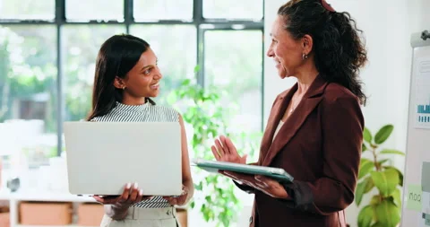 High five, laptop and tablet with business women in office for internship or Stock Footage 323280032