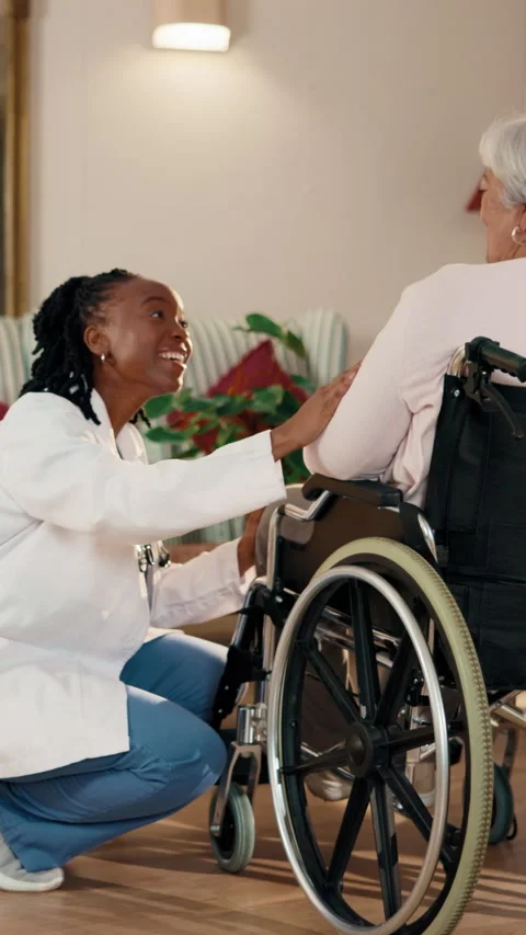 High five, nurse and senior woman in wheelchair for celebration of healthcare or Stock Footage 341481356