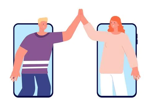 High five online. Greeting gestures, chat friends clapping hands remote Stock Illustration