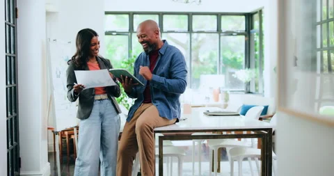 High five, paper and tablet with designer people in office for internship or Stock Footage 323279330
