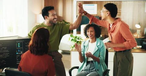 High five, programmer and happy with business people in office for app deve.. Stock Photos
