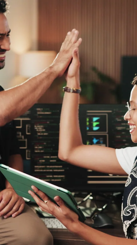 High five, programmer and people with tablet in office for web developer Stock-Footage 342239759