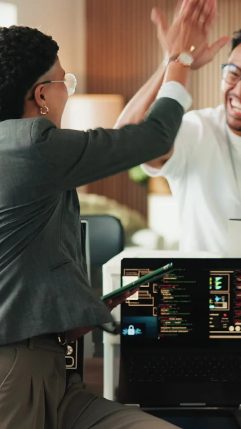 High five, programmer and people with computer screen in office for code Stock Footage 342244442