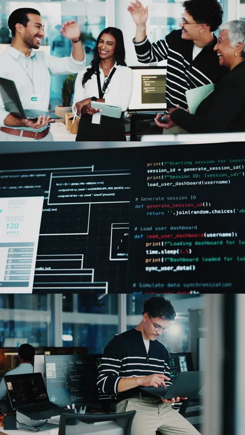 High five, series and team with code in office, smile or celebration for Stock Footage 333231532