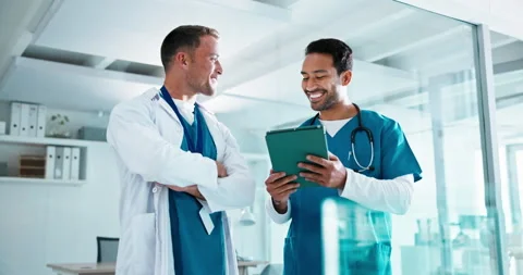 High five, team and men with tablet for healthcare success, achievement or thank Stock Footage 341506551