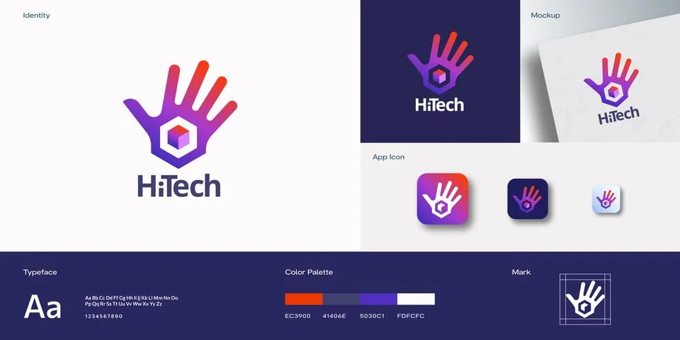 High Five Technology Abstract Vector Logo Template. Palm Hand with Cube Gradient Stock Illustration