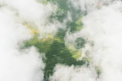 High flight in the cumulus clouds over agricultural fields in summer. Higher Foto stock