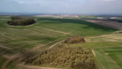 High flight over fields of newly planted wheat and trees in early Spring Stock Footage 150818713