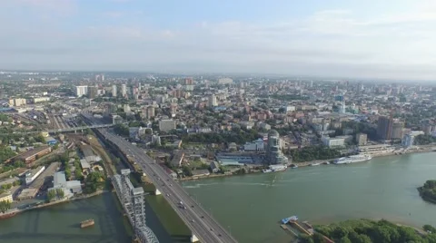 High flight over river Don and bridge in Rostov-on-Don Stock-Footage 56929869