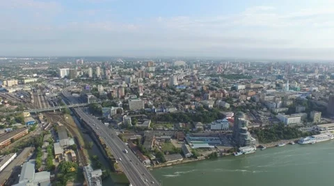 High flight over river Don and bridge in Rostov-on-Don Stock-Footage 56929904