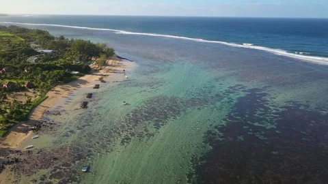 High flight over Sandy beach and clear Lagoon in BelOmbre, Mauritius Stock Footage 141723286