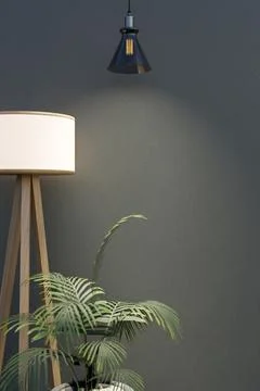 High floor tripod standing lamp aside green leaves houseplant and dark pain.. Stock Illustration