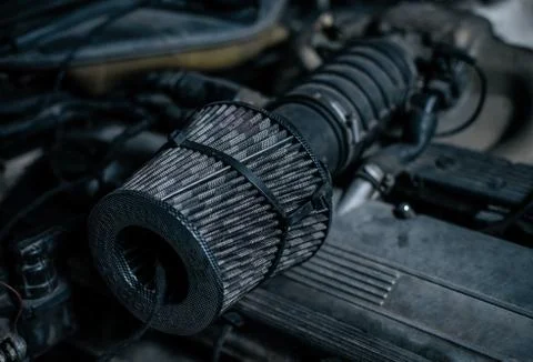 High flow cone air filter installed on sport car Foto stock