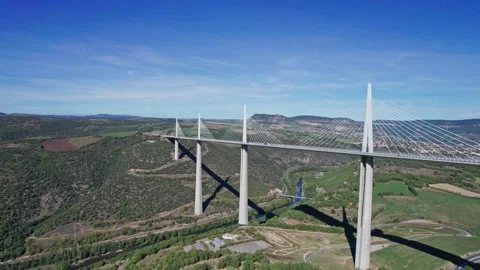 High flyover over the valley, modern architecture, futuristic suspension brid Video stock 219854508