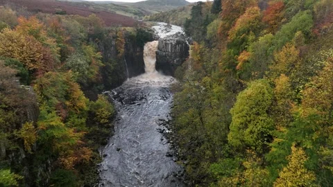 High Force waterfall sorrounded by beautiful autumn colours Stock Footage 264042733