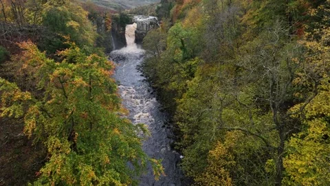 High Force waterfall sorrounded by beautiful autumn colours Stock Footage 264043731