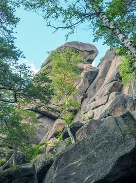 High forest rocks for advanced hiking and alpinism. Stock Photos