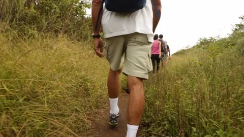 High frame rate (60p) tracking shot from man's feet while hiking in outdoors Stock-Footage 75844140