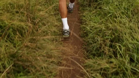 High frame rate (60p) tracking shot from man's back and backpack while hiking in Vídeos de archivo 75844658