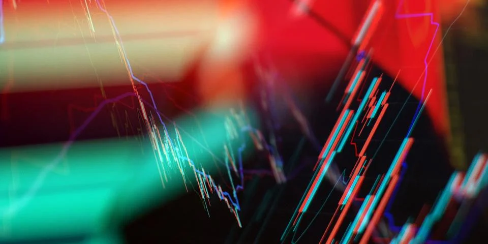 High frequency algorithmic trading concept. Glowing red and cyan economic dat Stock Photos